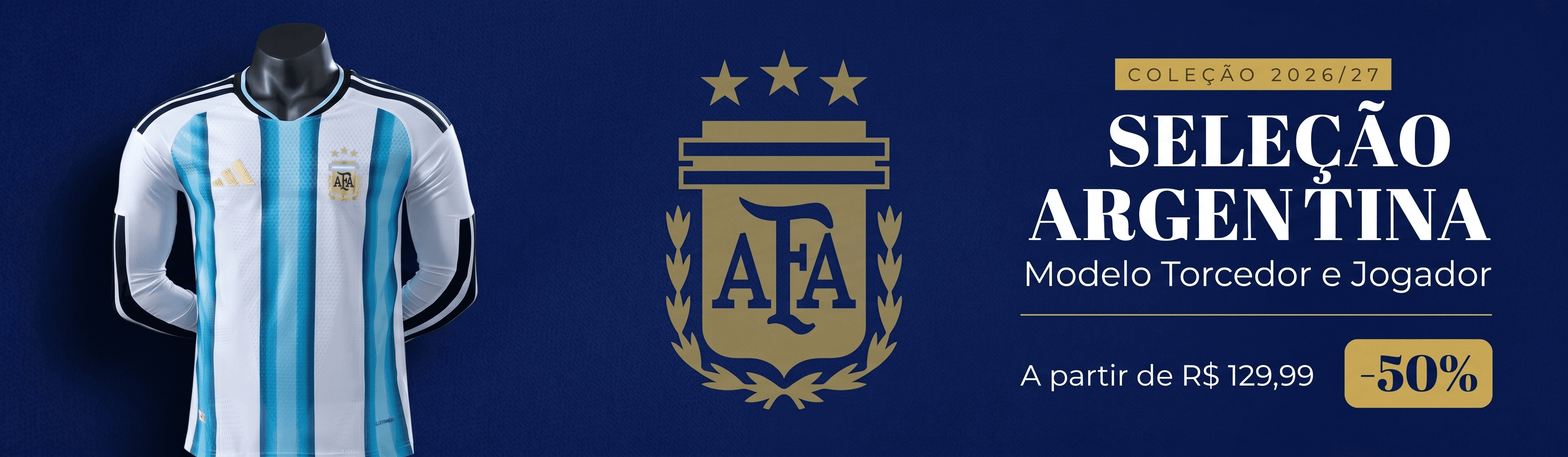 CAMISA OFICIAL DA SELEÇÃO ARGENTINA — Vista o azul e branco — Modelos Torcedor e Jogador a partir de R$ 129,99.