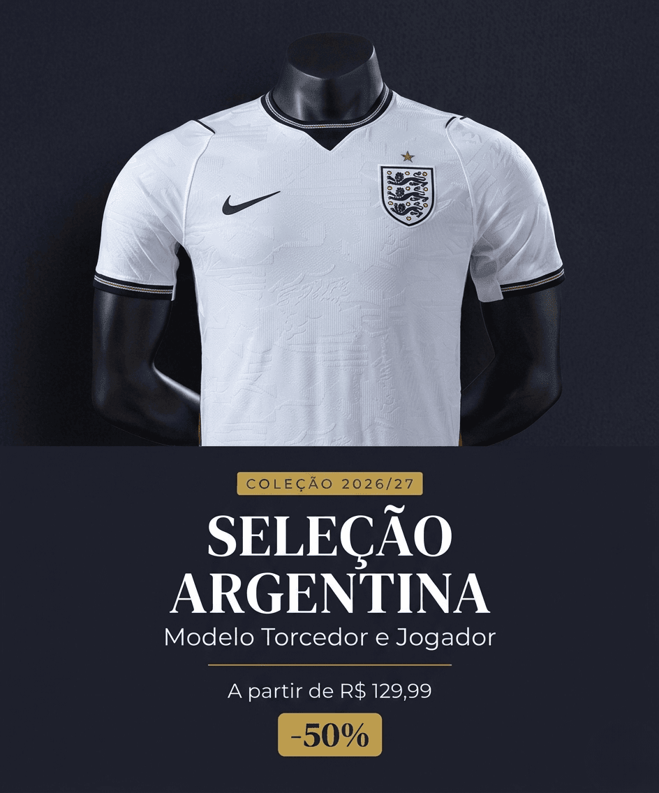CAMISA OFICIAL DA SELEÇÃO INGLESA — Vista o branco dos Three Lions — Modelos Torcedor e Jogador a partir de R$ 129,99.