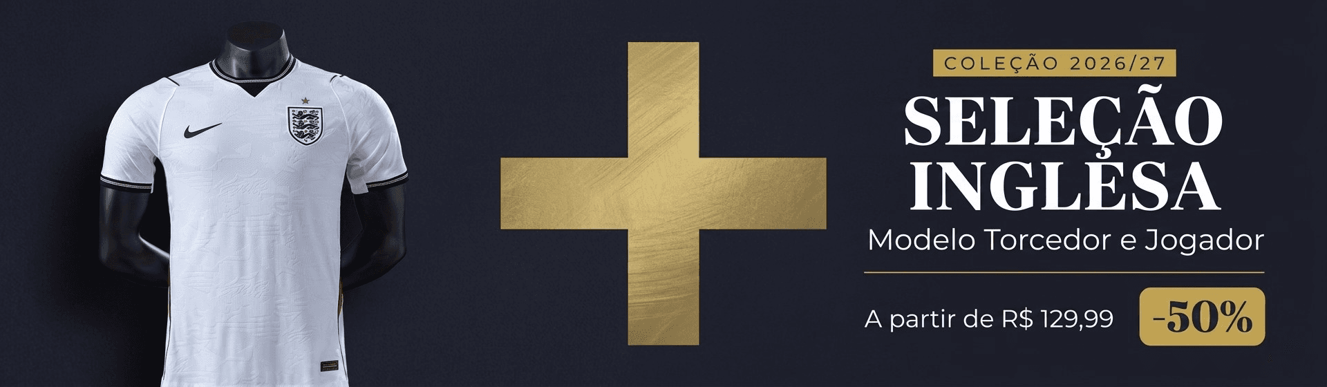CAMISA OFICIAL DA SELEÇÃO INGLESA — Vista o branco dos Three Lions — Modelos Torcedor e Jogador a partir de R$ 129,99.